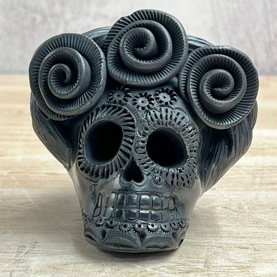 Catrina Frida with flowers in black clay