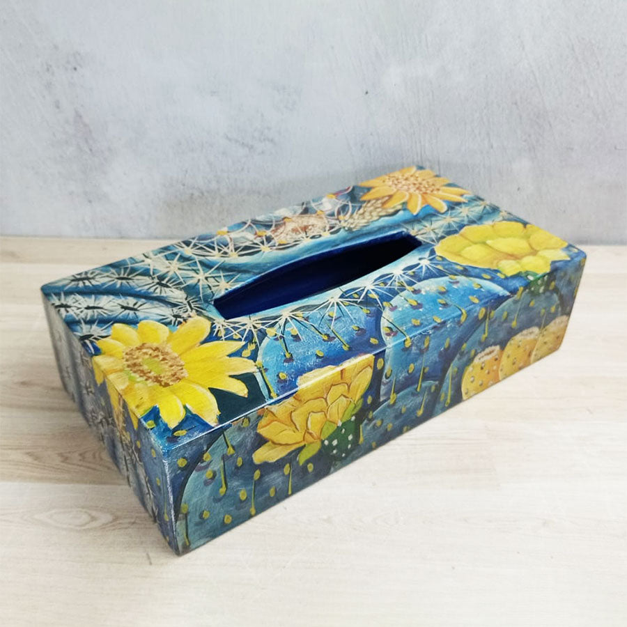 Porta pañuelos desechables rectangular de madera decorada