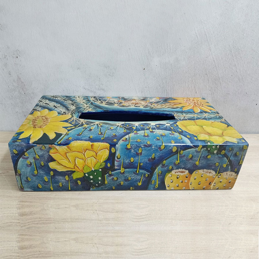 Porta pañuelos desechables rectangular de madera decorada