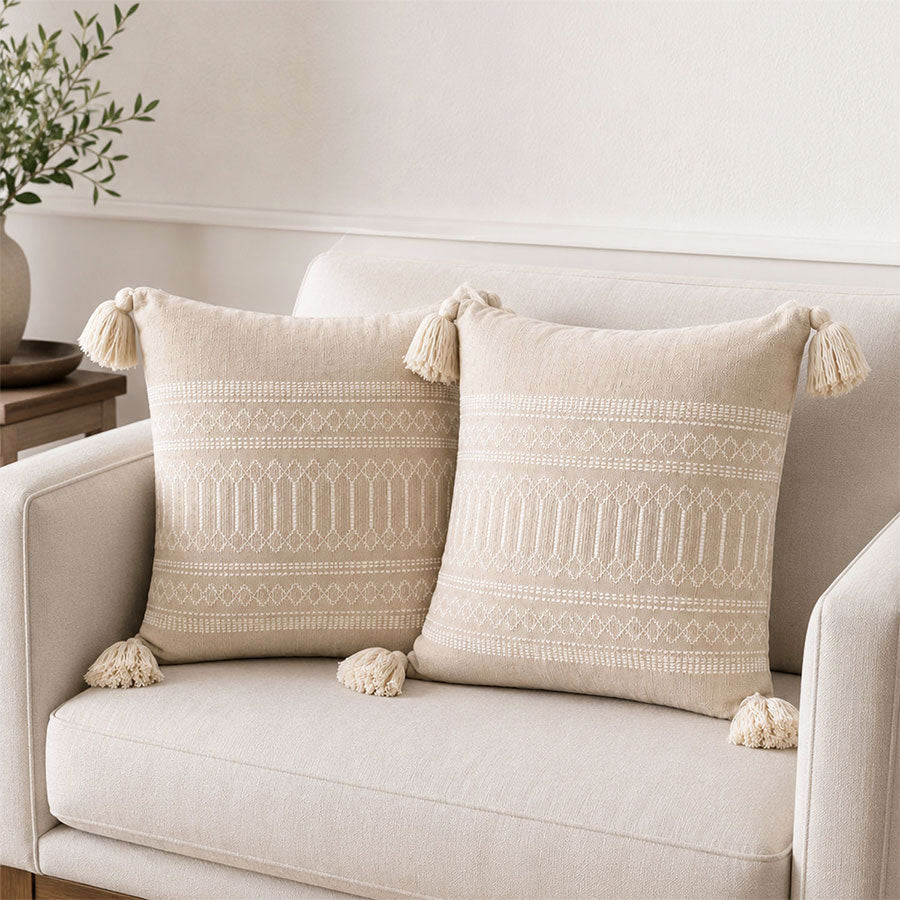 Set of cushion covers in neutral tones and embroidery
