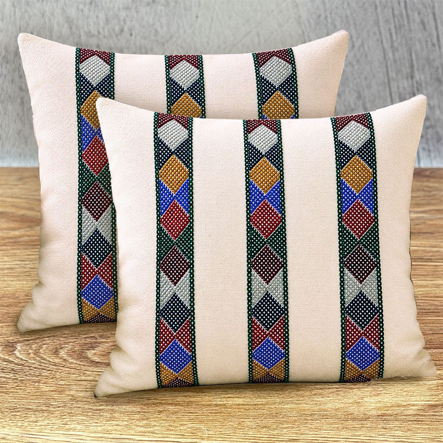 Par de fundas beige para cojín con franjas de colores