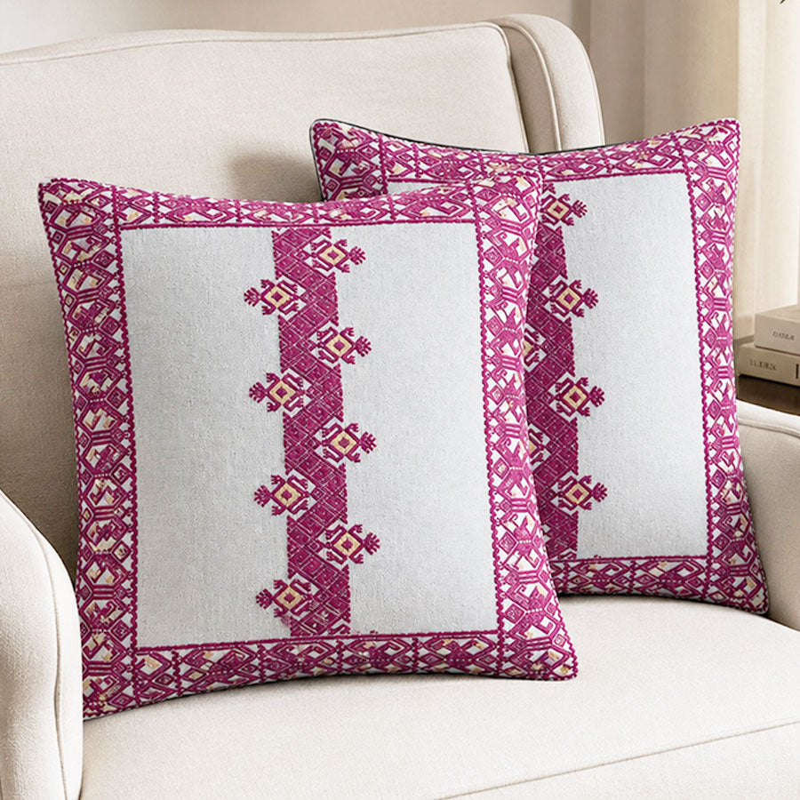 Set of beige cushion covers with wine-colored brocade