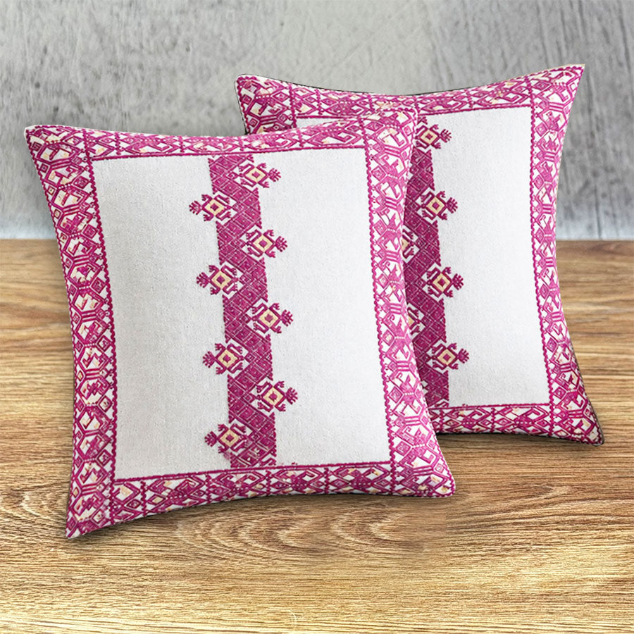 Set of beige cushion covers with wine-colored brocade