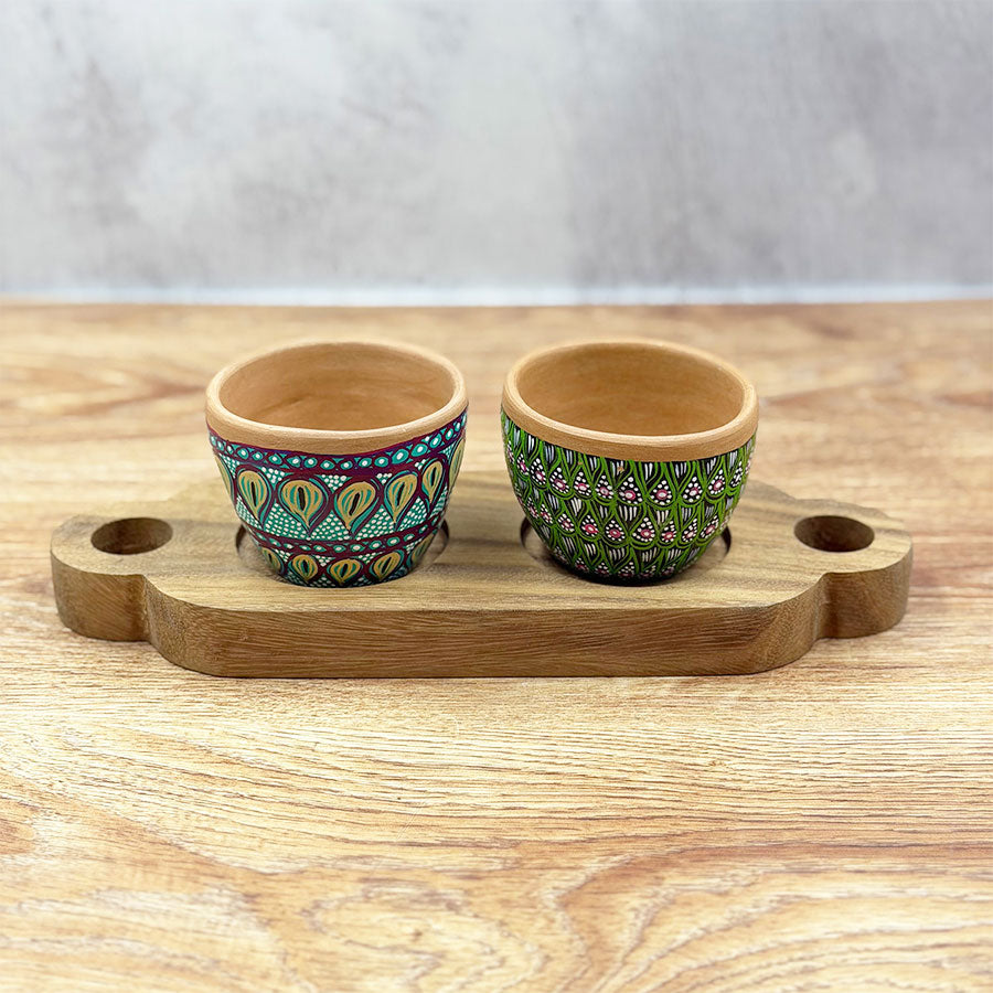 Set of tray with painted double sauce bowl