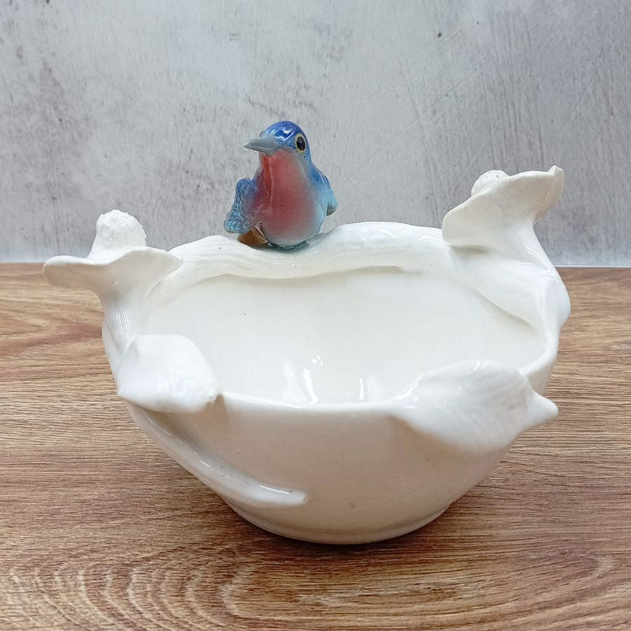 White bowl with colorful little bird
