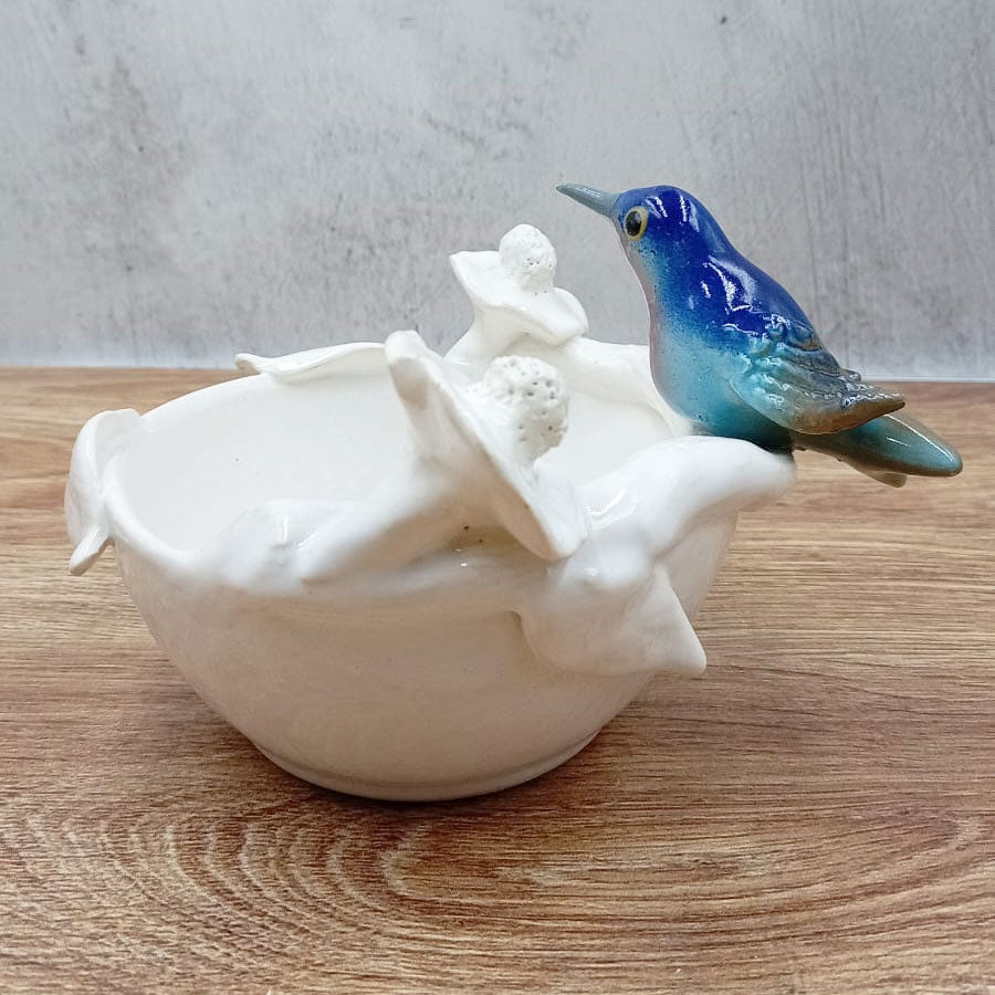 White bowl with colorful little bird