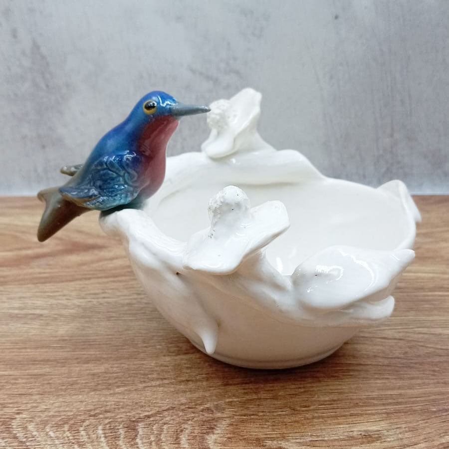 White bowl with colorful little bird