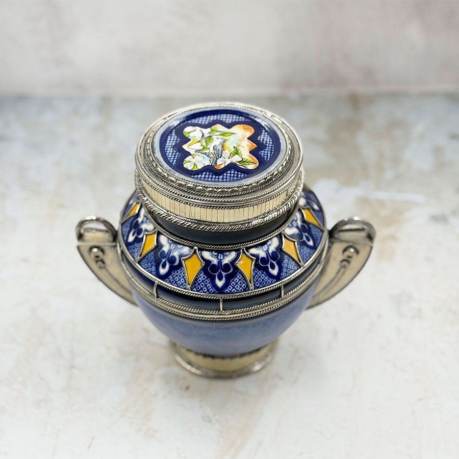 Blue tibor with a little bird on the lid