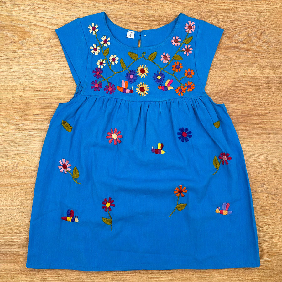 Dress with embroidered colorful flowers and bees