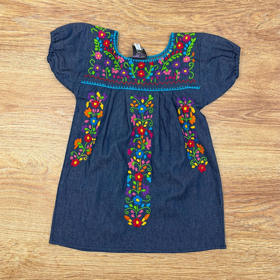 Denim dress with colorful flowers for girls